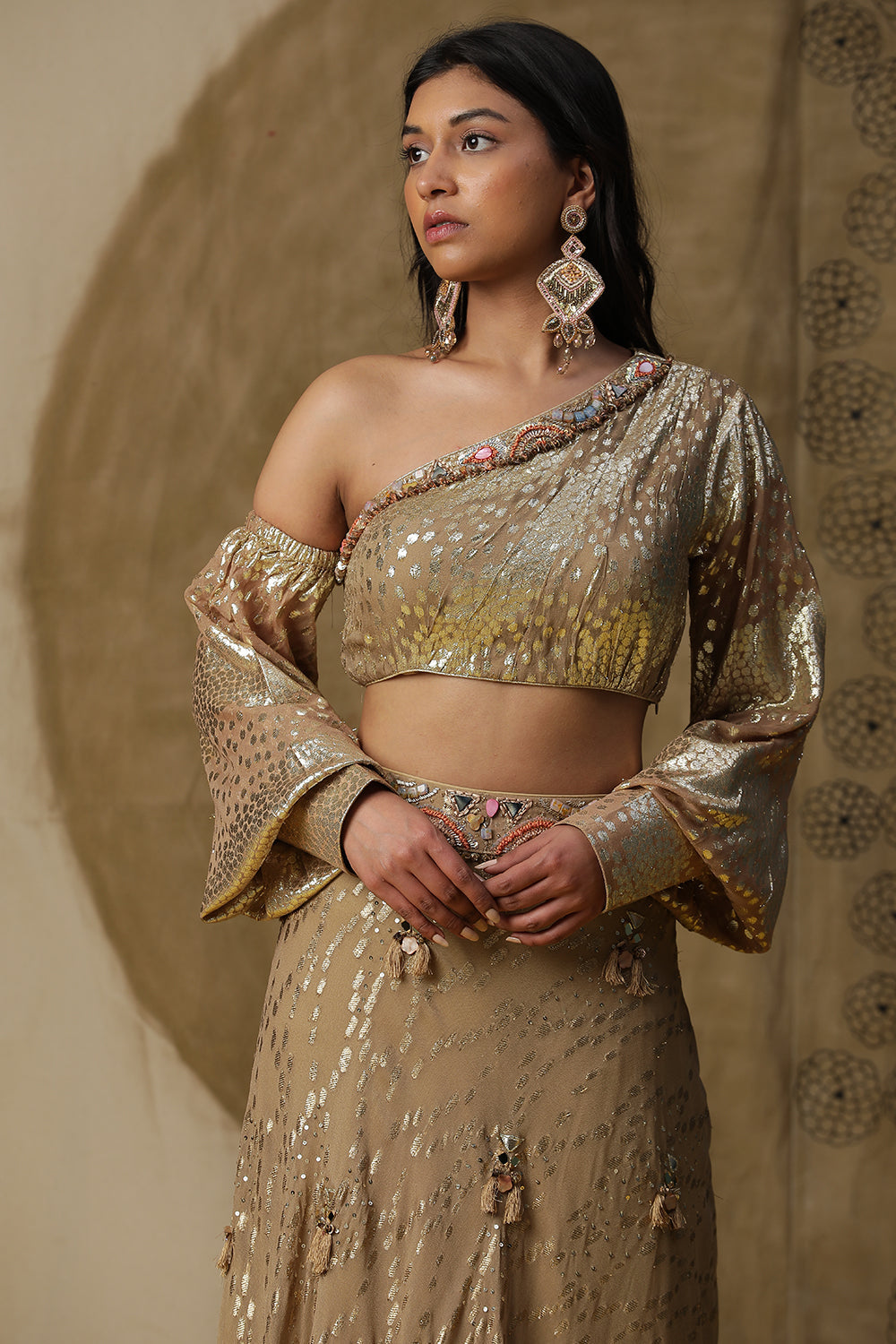 Golden One Shoulder Lehnga Set - Auraya Fashion -  - #tag1# - #tag2# - #tag3# - #tag3#