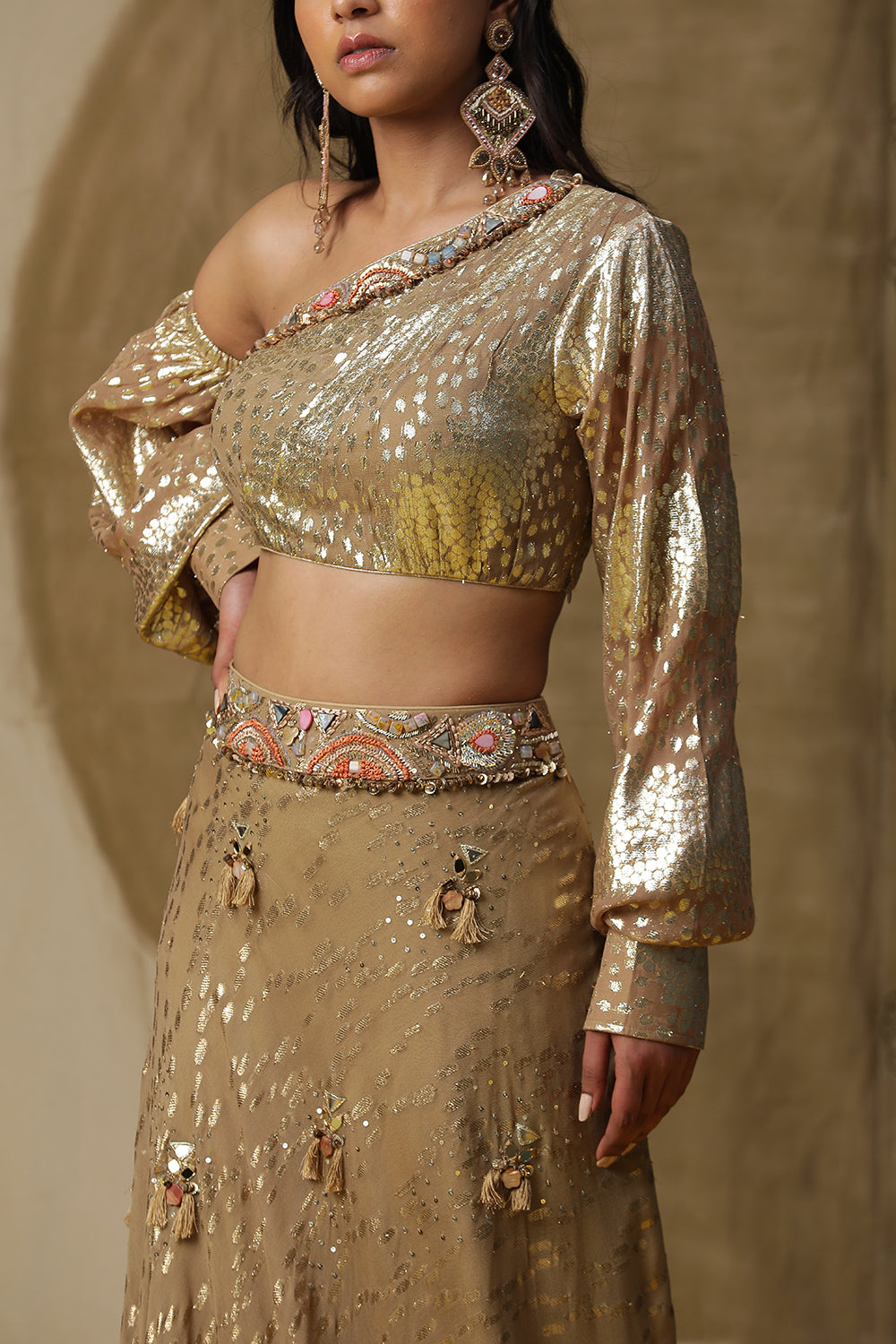 Golden One Shoulder Lehnga Set - Auraya Fashion -  - #tag1# - #tag2# - #tag3# - #tag3#
