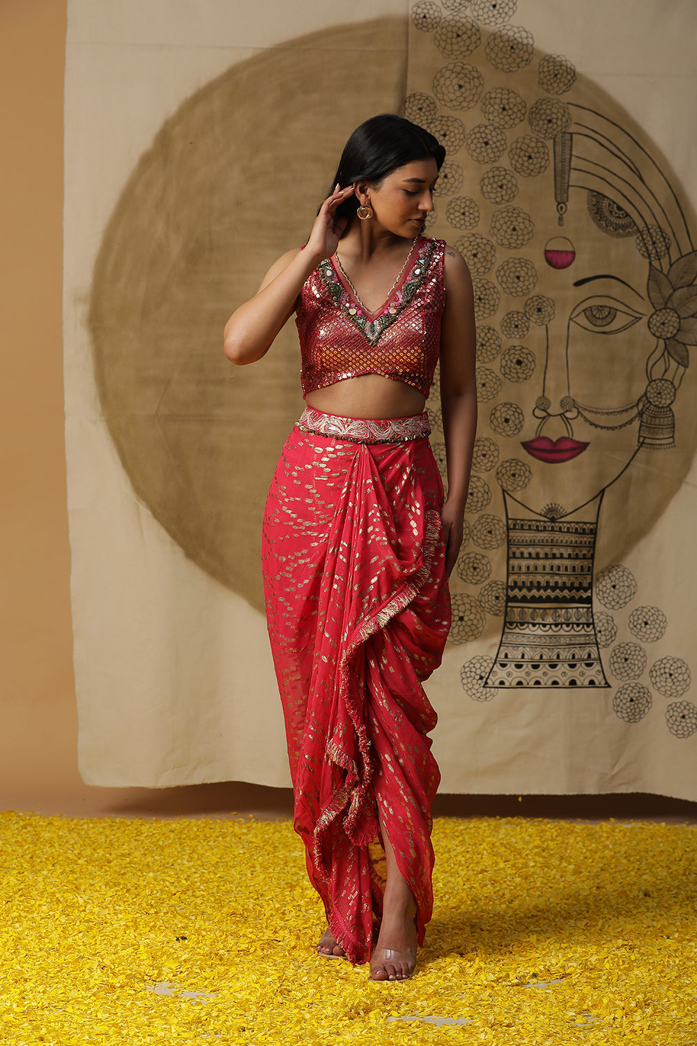 Coral Dhhoti Set - Auraya Fashion - Arpita Sulakshana - #tag1# - #tag2# - #tag3# - #tag3#
