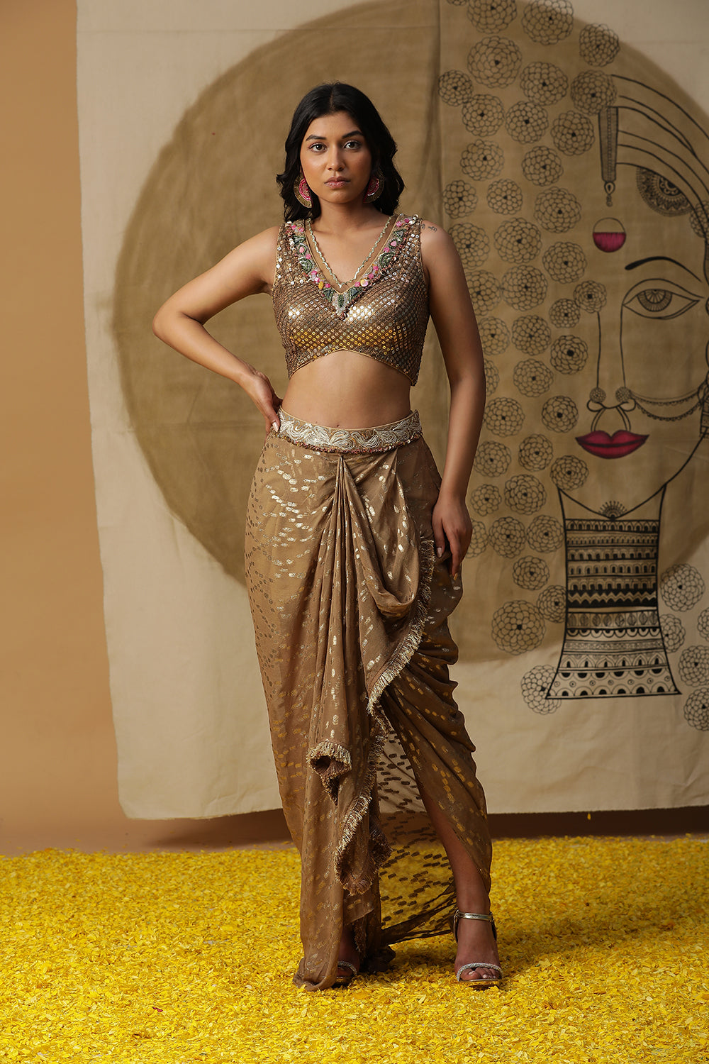 Golden Dhoti Set - Auraya Fashion - Arpita Sulakshana - #tag1# - #tag2# - #tag3# - #tag3#