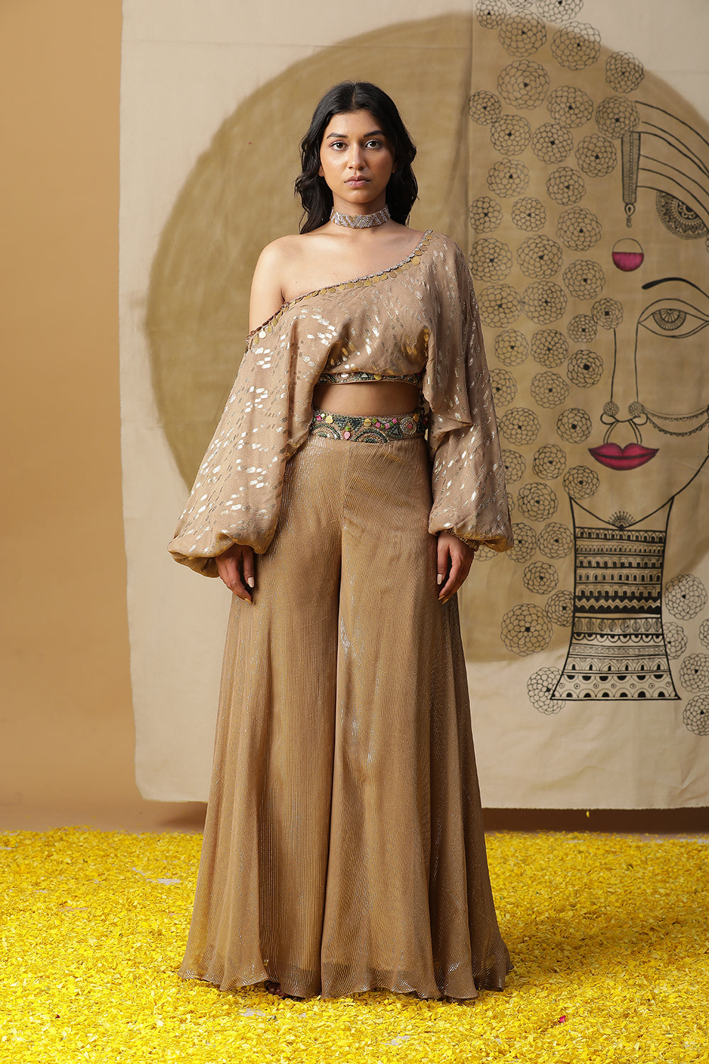 Golden One Shoulder Palazzo Set - Auraya Fashion - Arpita Sulakshana - #tag1# - #tag2# - #tag3# - #tag3#