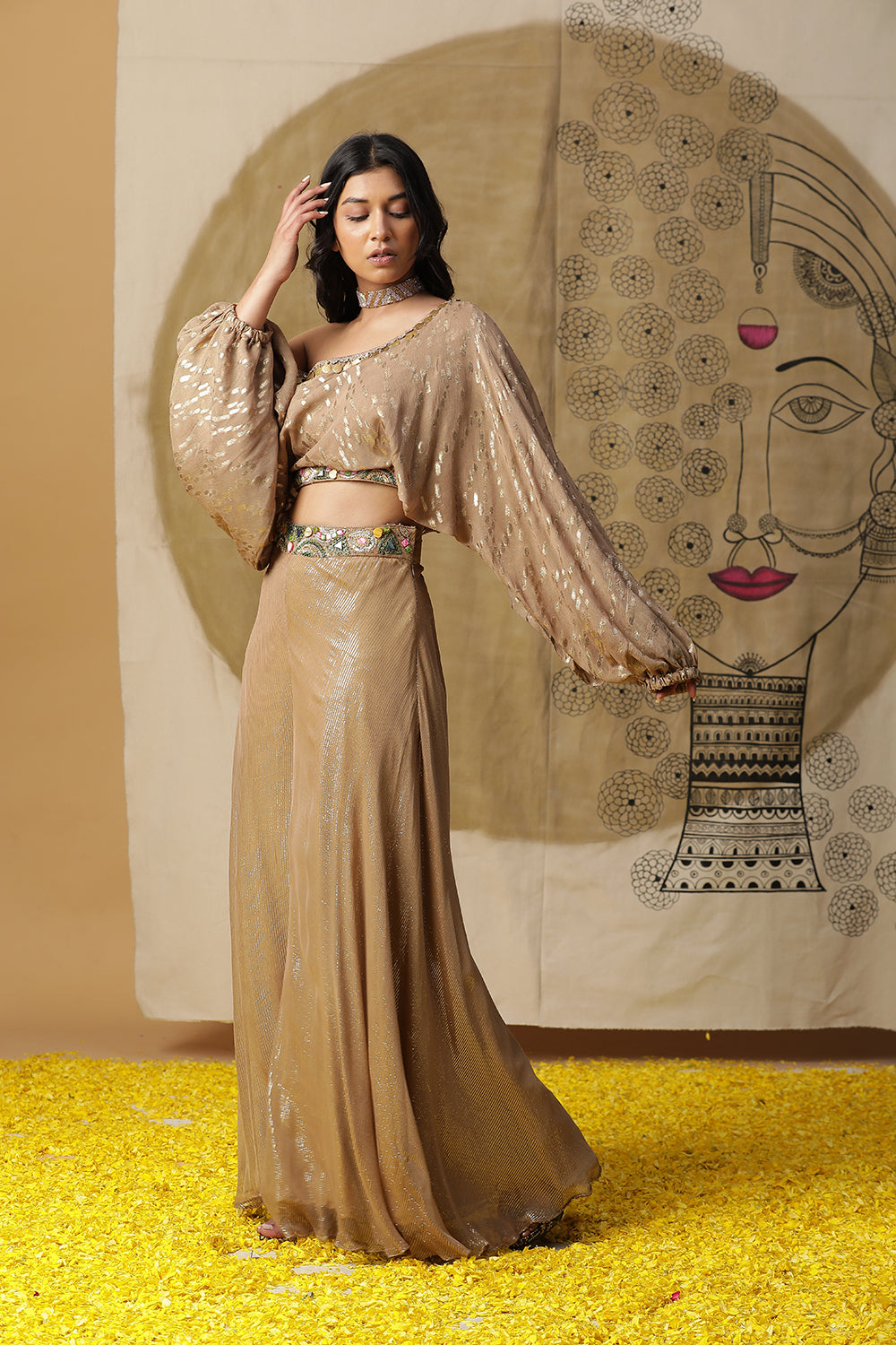 Golden One Shoulder Palazzo Set - Auraya Fashion -  - #tag1# - #tag2# - #tag3# - #tag3#