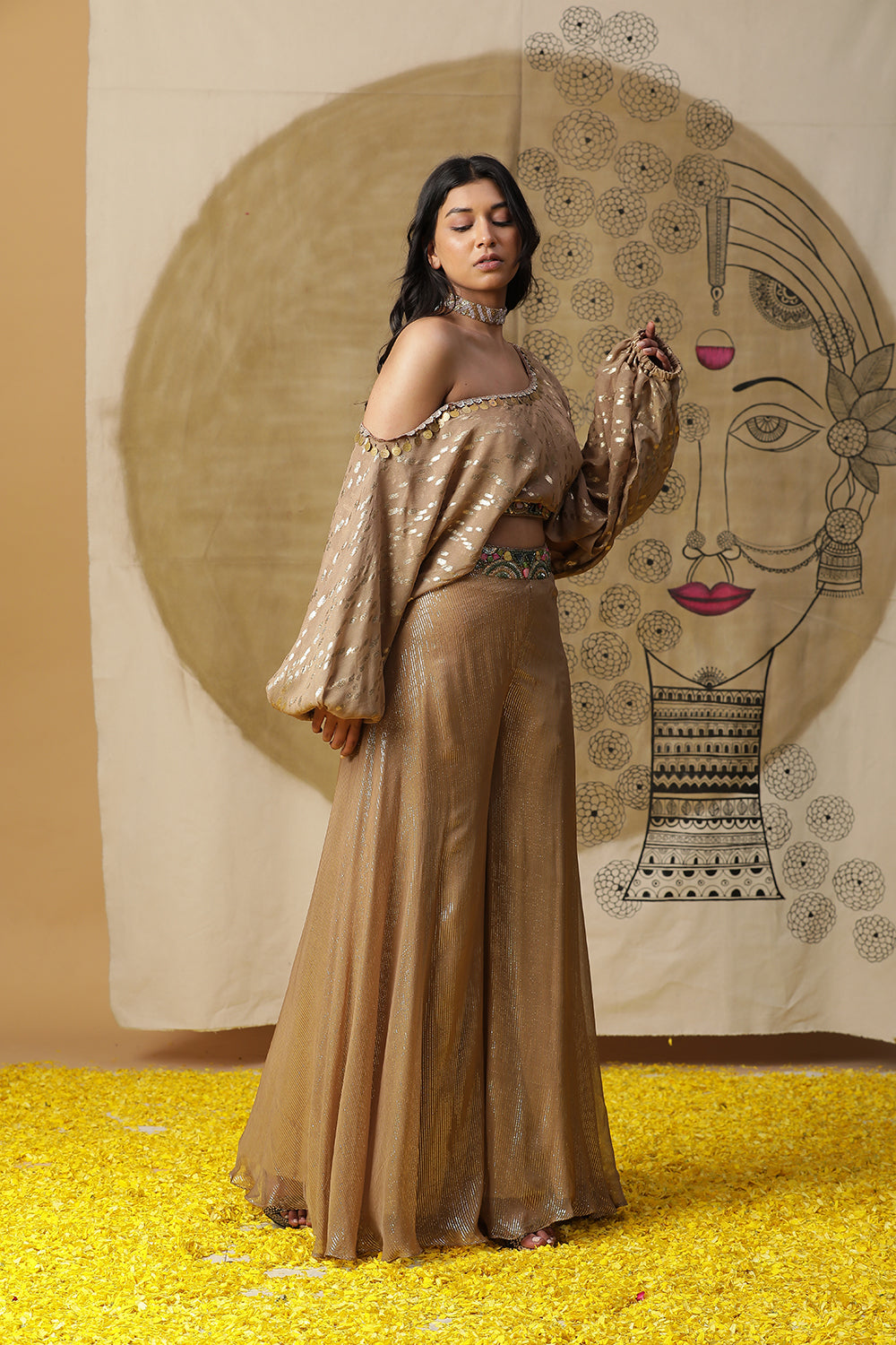 Golden One Shoulder Palazzo Set - Auraya Fashion -  - #tag1# - #tag2# - #tag3# - #tag3#
