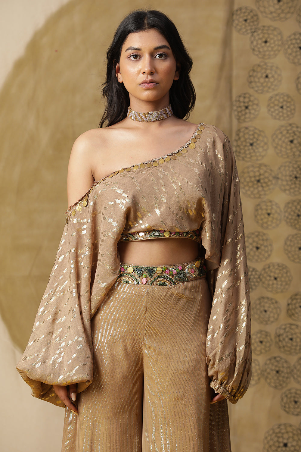 Golden One Shoulder Palazzo Set - Auraya Fashion -  - #tag1# - #tag2# - #tag3# - #tag3#