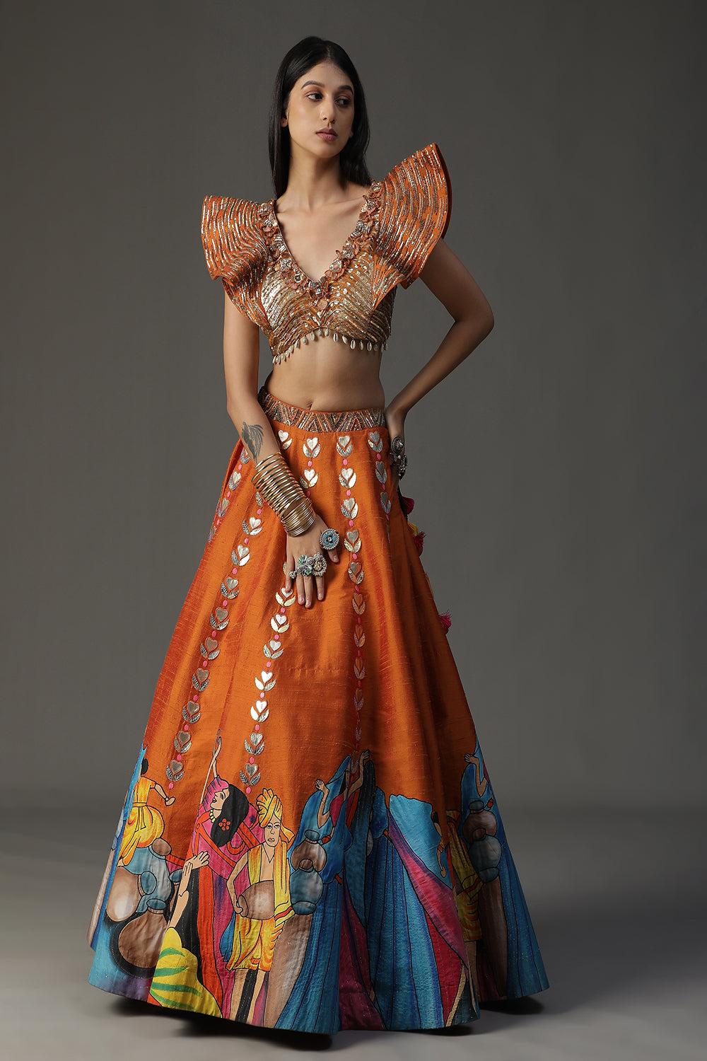 Burnt Orange Handpainted Lehenga Set - Auraya Fashion - Arpita Sulakshana - #tag1# - #tag2# - #tag3# - #tag3#