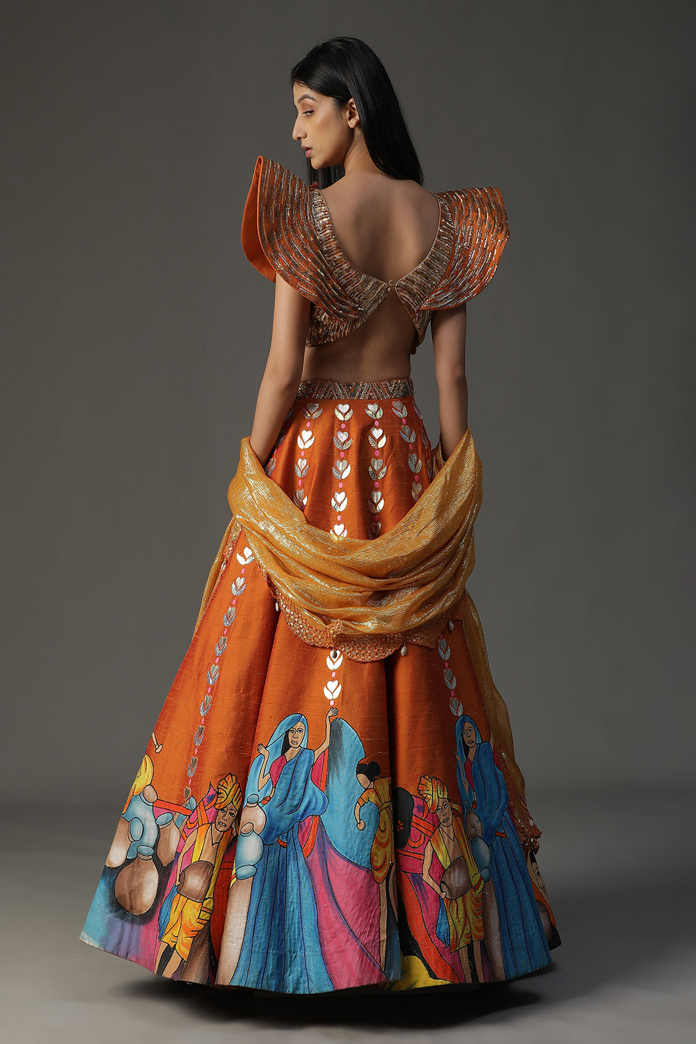 Burnt Orange Handpainted Lehenga Set - Auraya Fashion -  - #tag1# - #tag2# - #tag3# - #tag3#