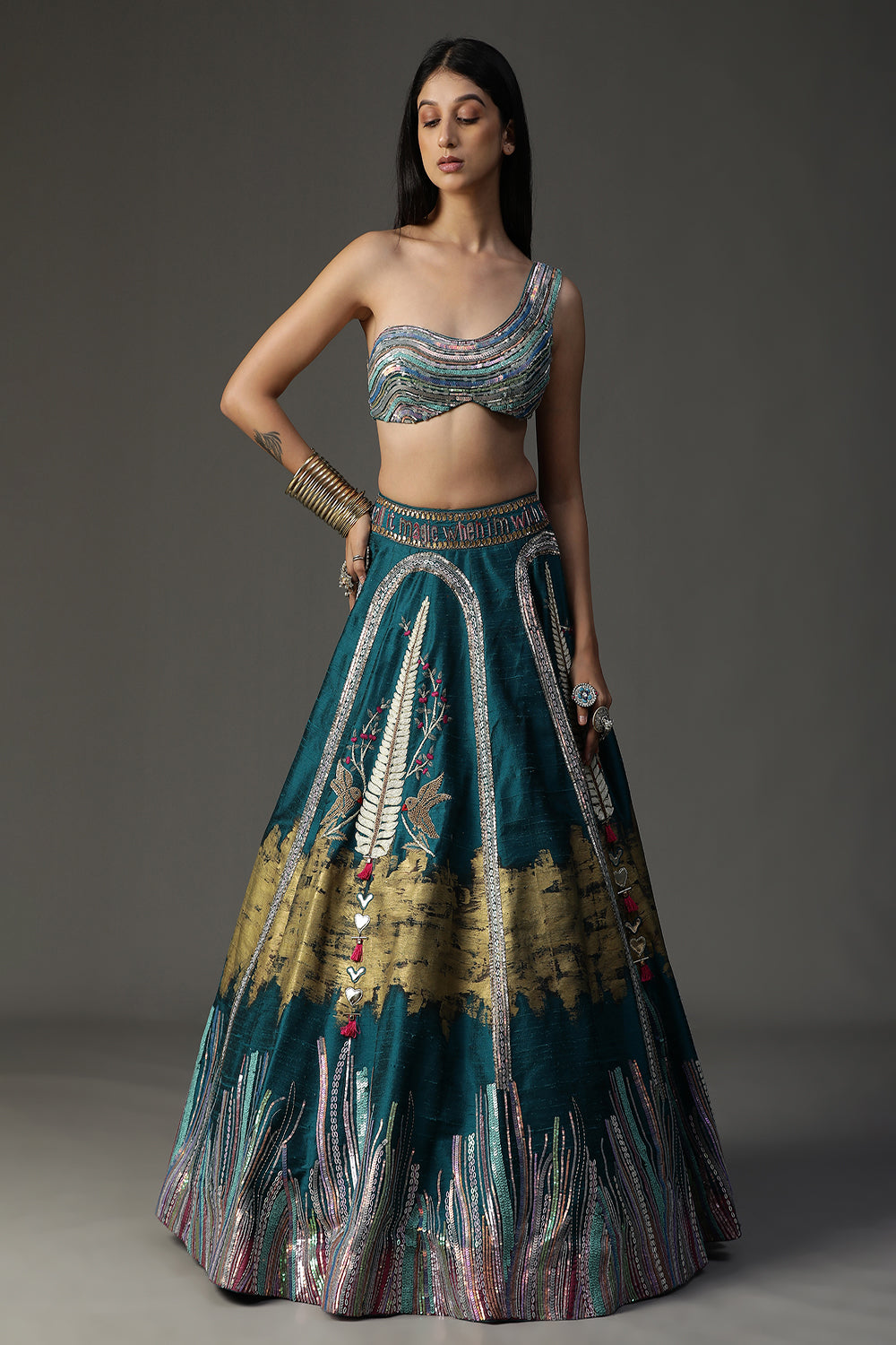 Teal Blue Handpainted Lehenga Set - Auraya Fashion - Arpita Sulakshana - #tag1# - #tag2# - #tag3# - #tag3#