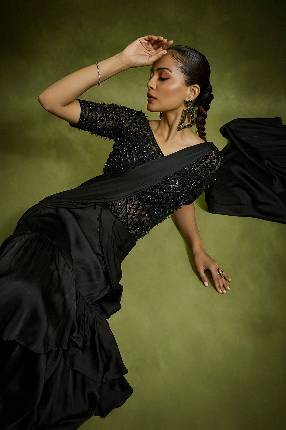 Gilded Crystal Bodysuit Drape Saree