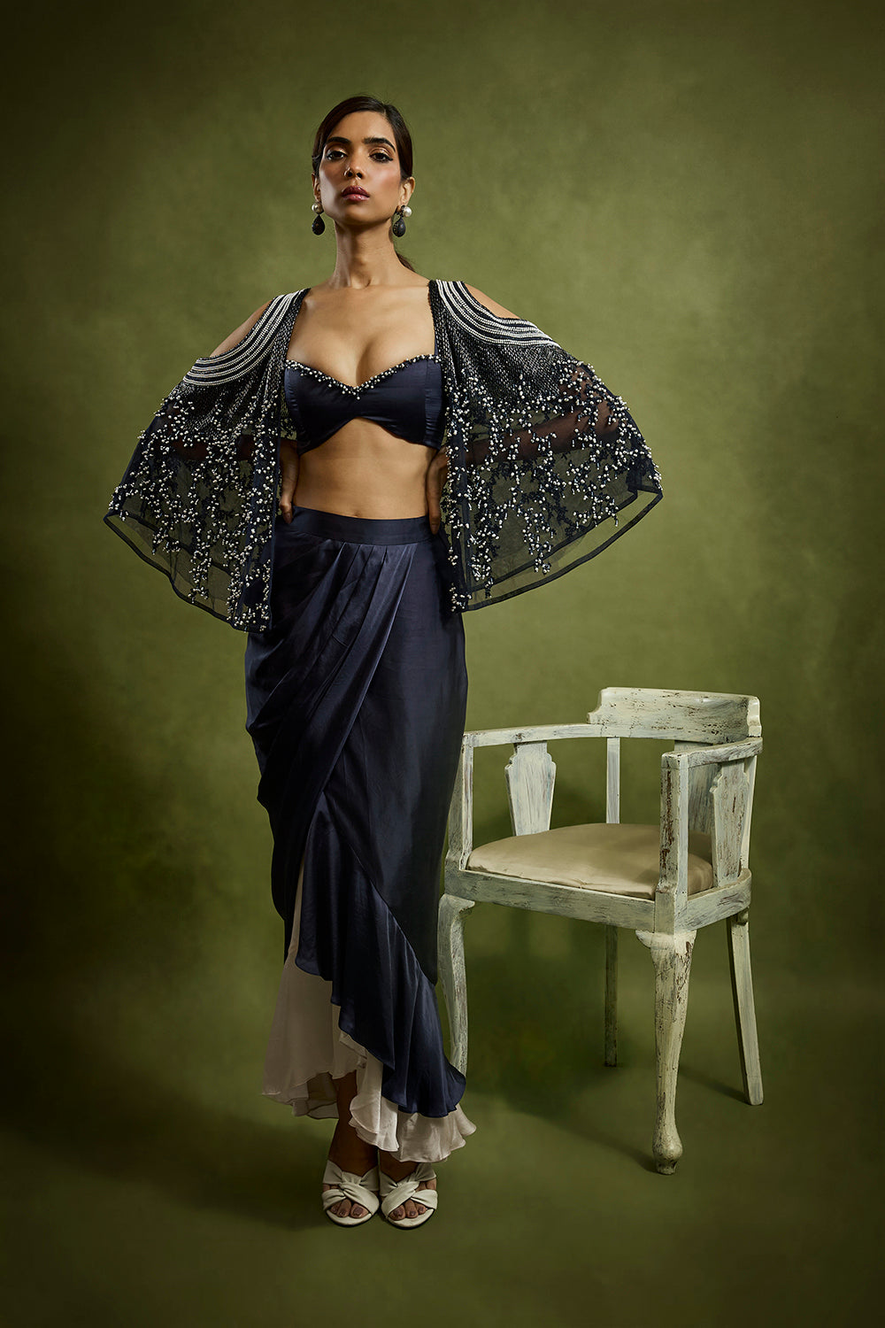 Drape Skirt Ensemble with A Pearl Encrusted Cape