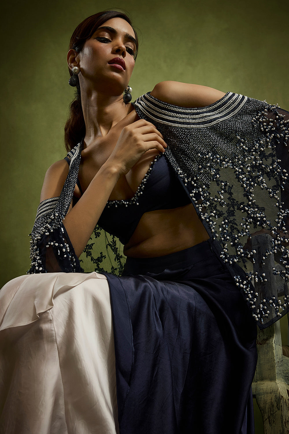 Drape Skirt Ensemble with A Pearl Encrusted Cape