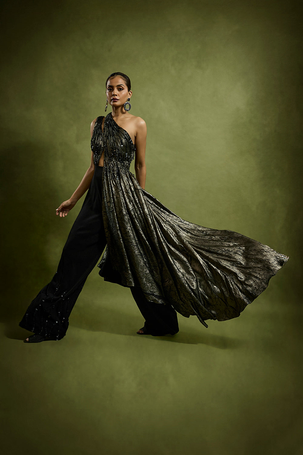 One Shoulder Drape Metallic Jumpsuit