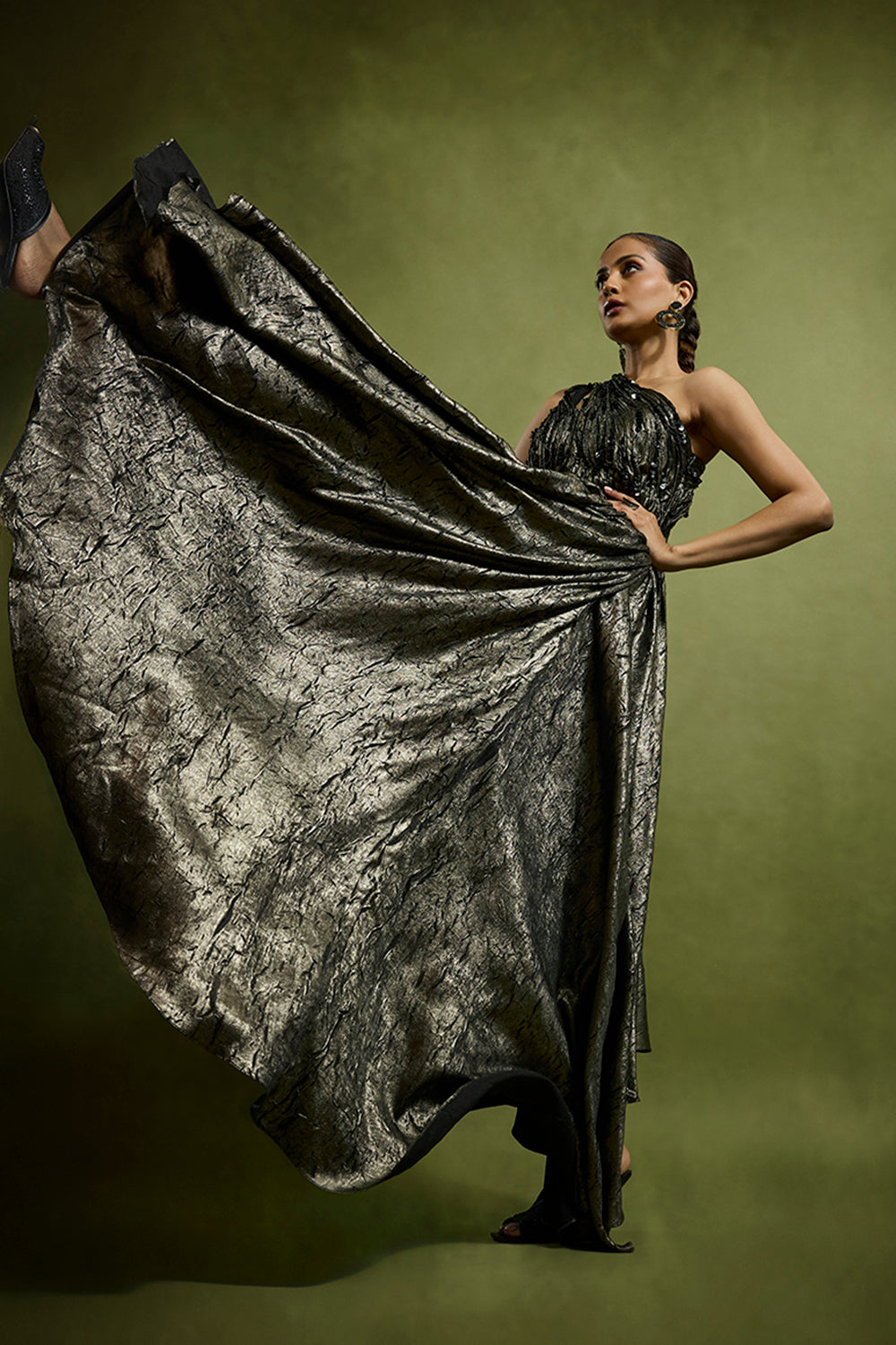 One Shoulder Drape Metallic Jumpsuit