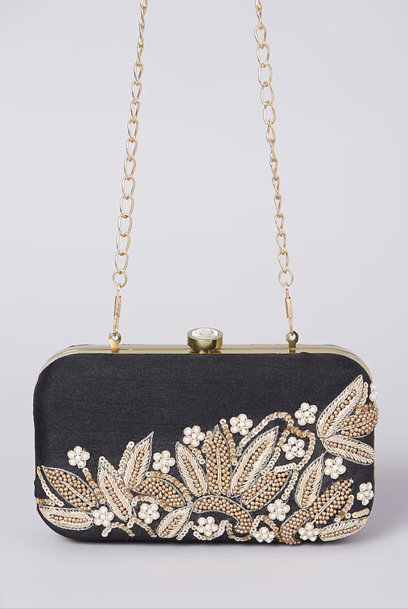 CY A Clutch Story Black Dabka Leaf Clutch Front 2
