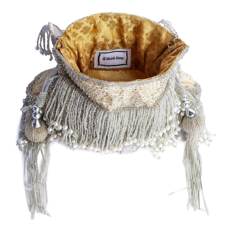 CY A Clutch Story Fringy Chic Hand Embroidered Potli Front 4