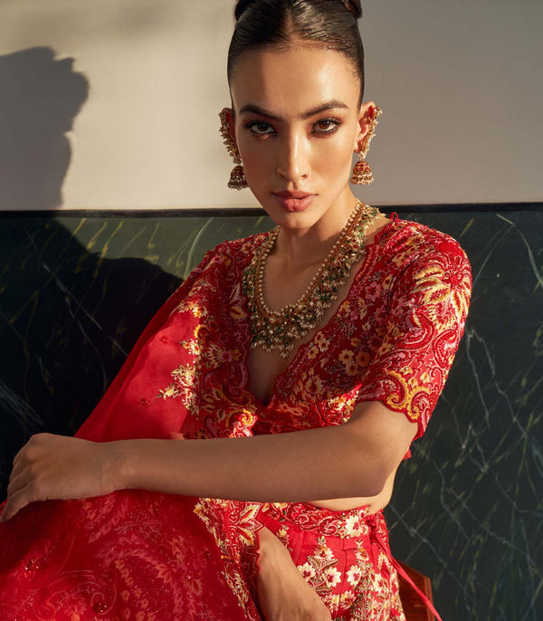 CY Anushree Reddy Carnation Red Embroidered Hilited Lehenga Set Closeup 1