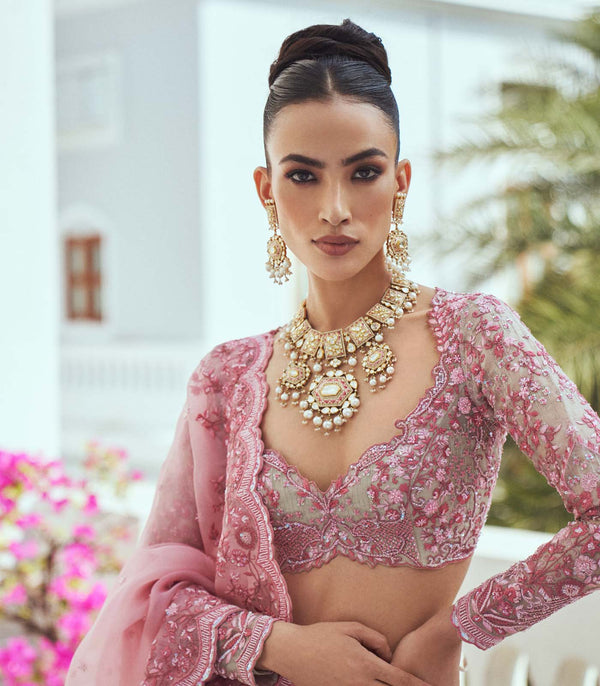 CY Anushree Reddy Cherry Blossom Ivory And Pink Embroidered Lehenga Set Success Closeup 2