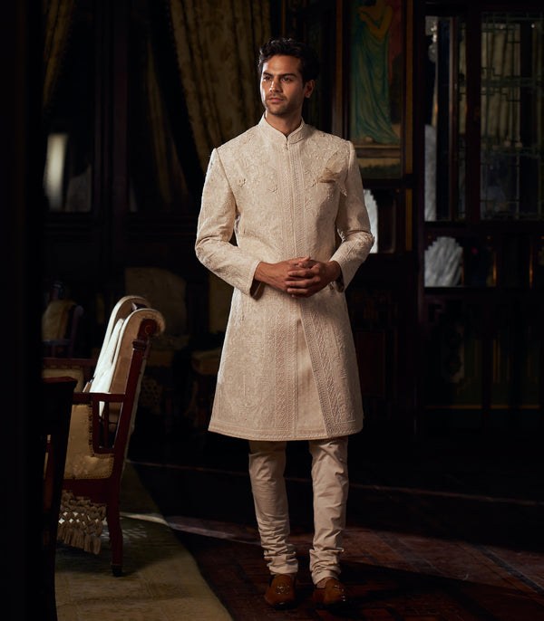 Ivory Raw Silk Sherwani Set