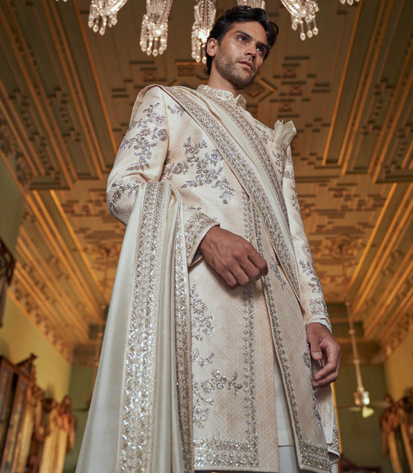 Ivory Raw Silk Sherwani Set