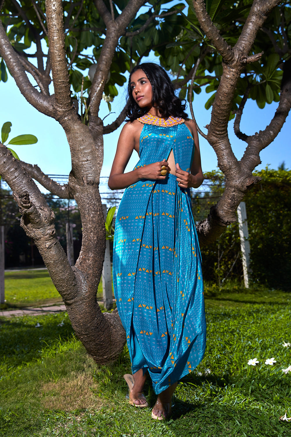 Teal Long Top with Drape Skirt