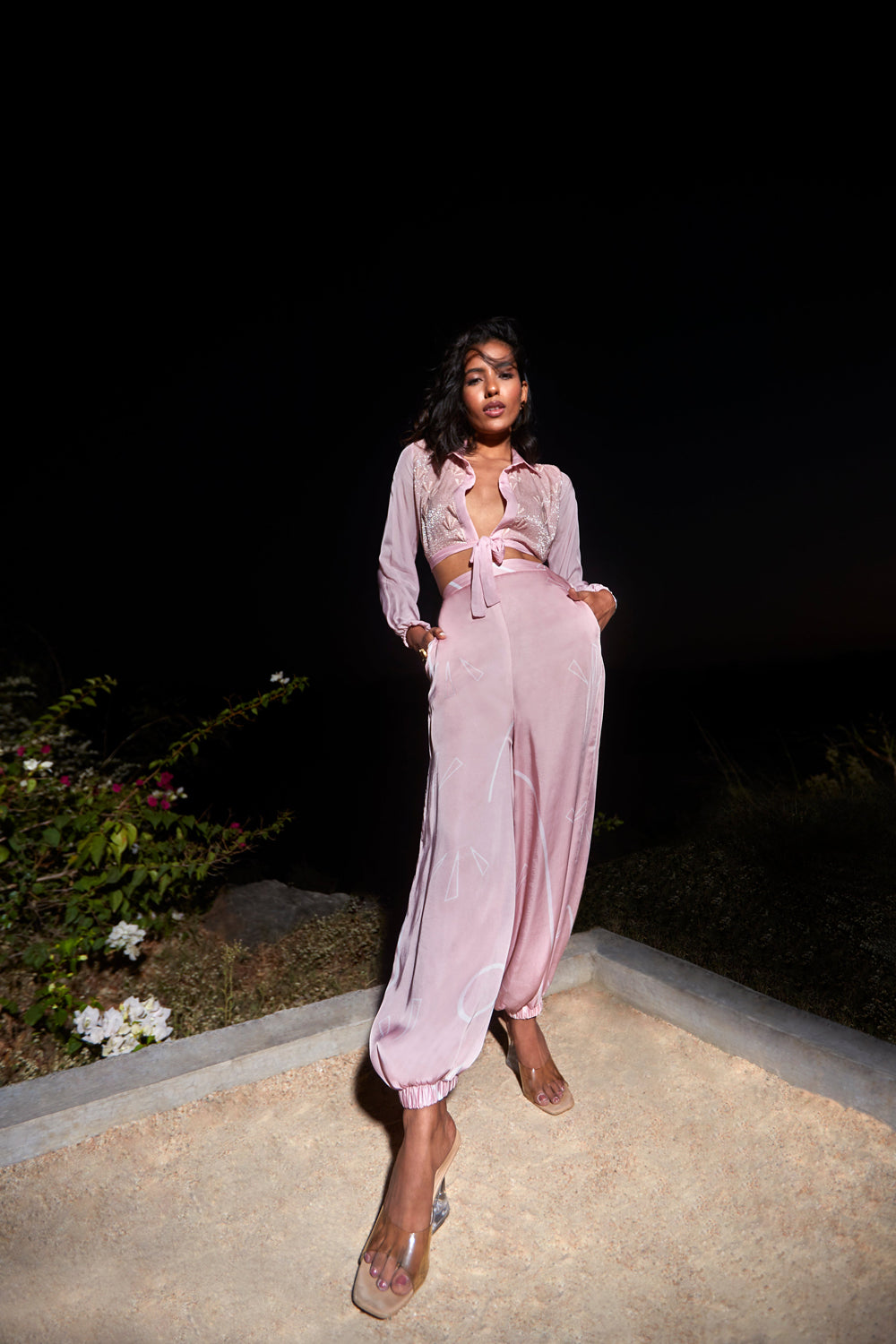 Pink Printed Satin Joggers