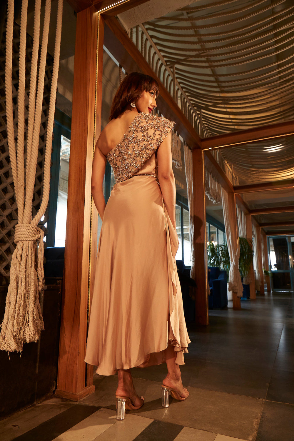 Golden Oscar One-Shoulder Draped Dress