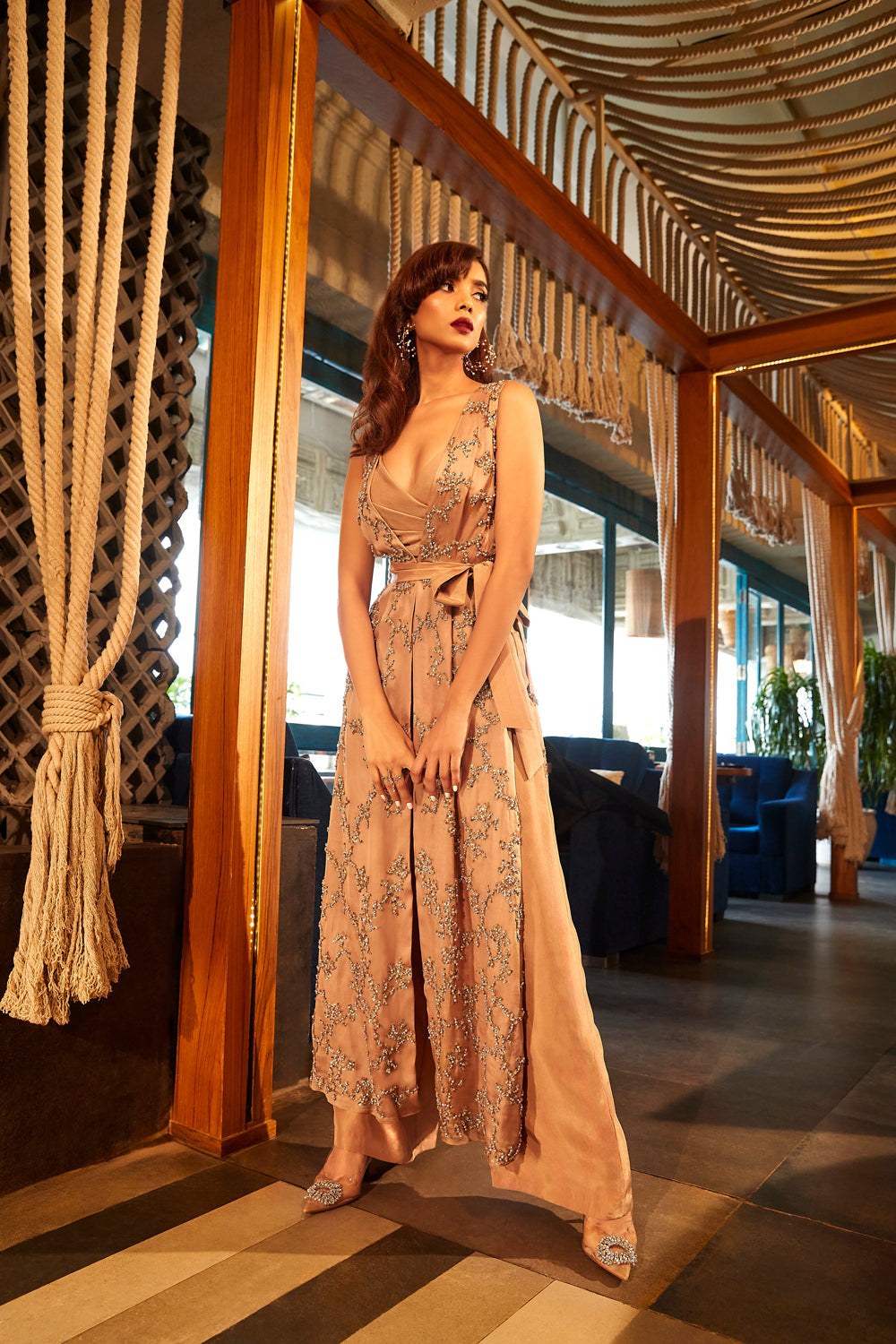 Golden Oscar Pearls, Sequins and Crystal Embroidered Jacket Teamed with a Bralette and Pants