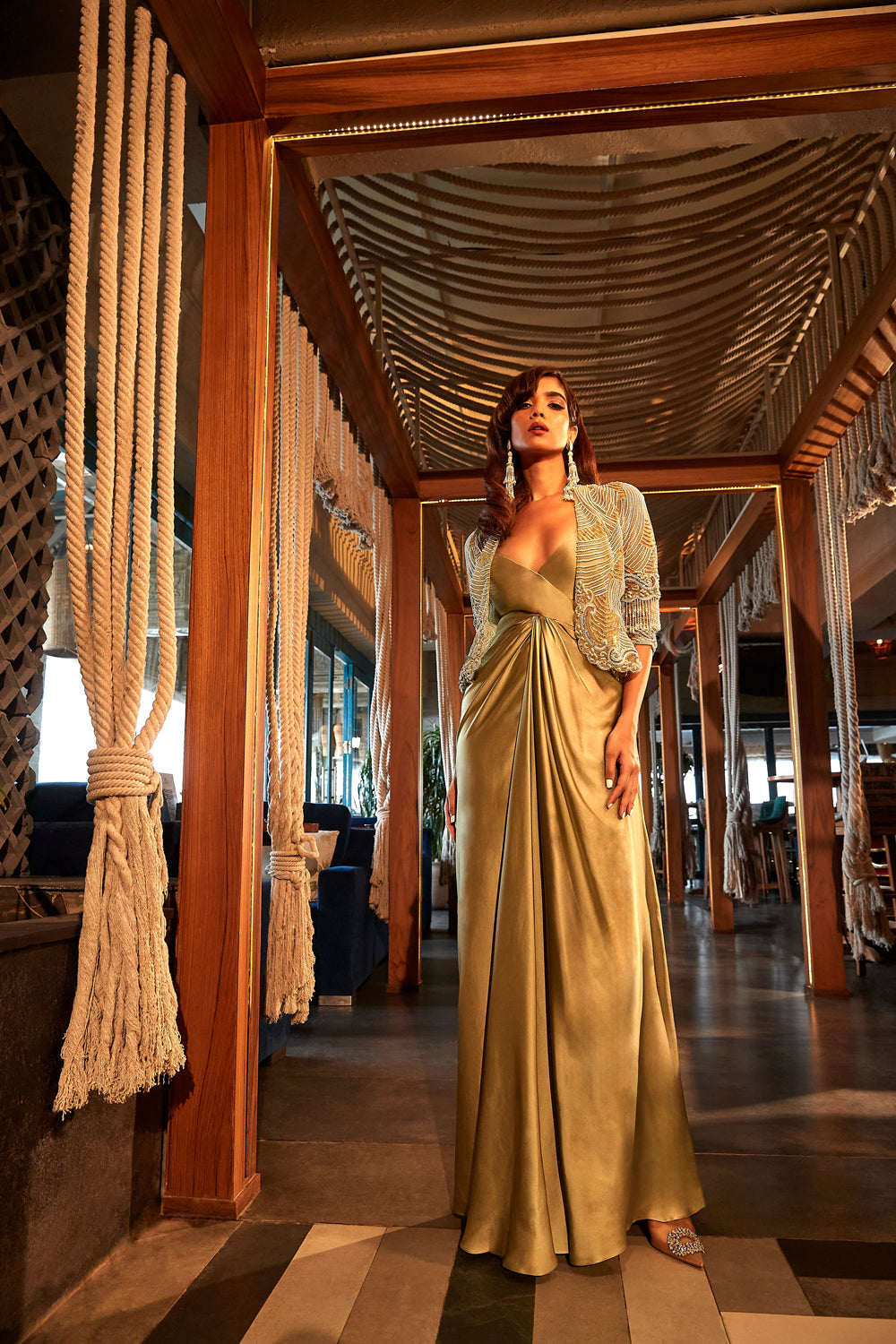 Sage Green Cut-Out Dress with an Embellished Jacket