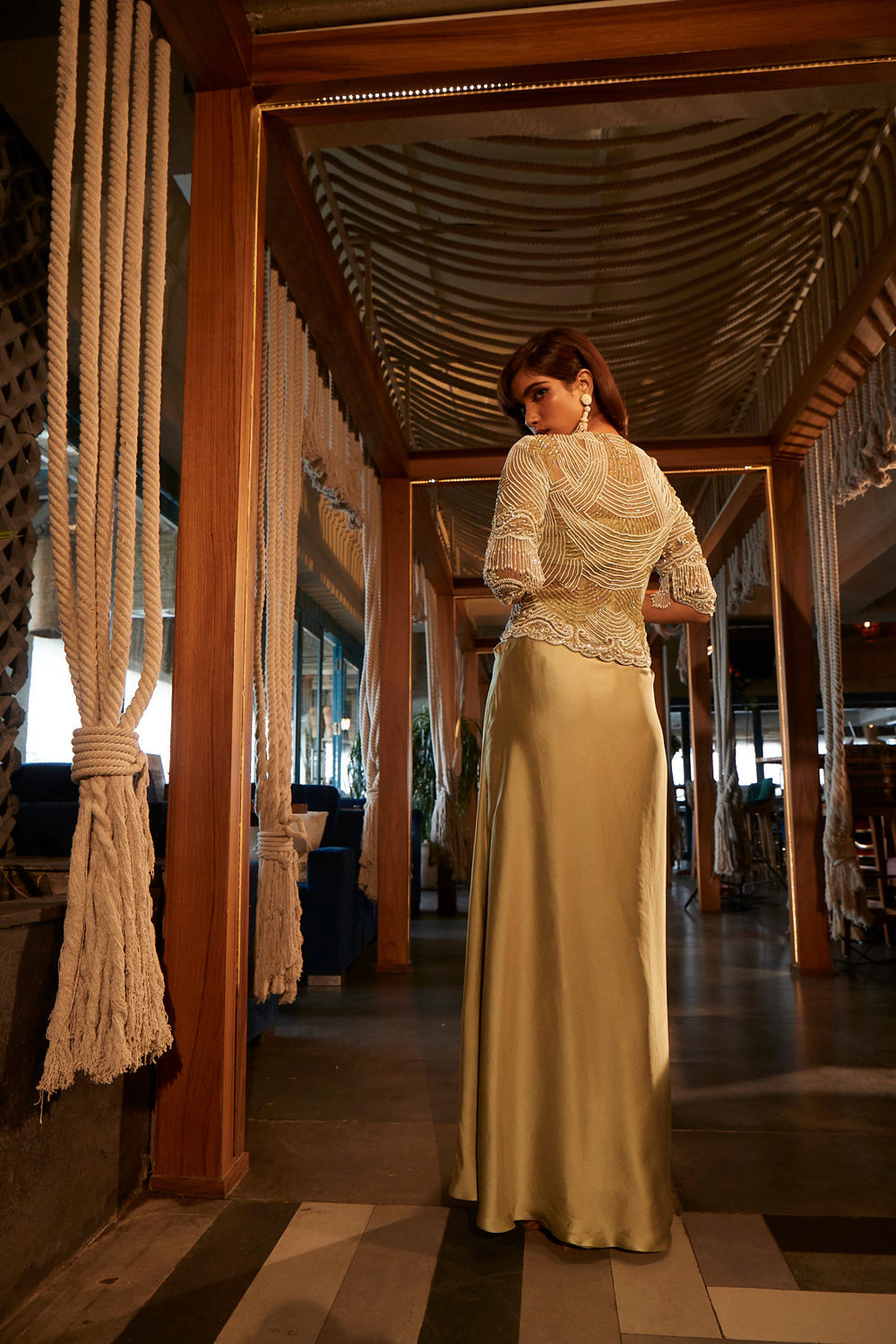 Sage Green Cut-Out Dress with an Embellished Jacket