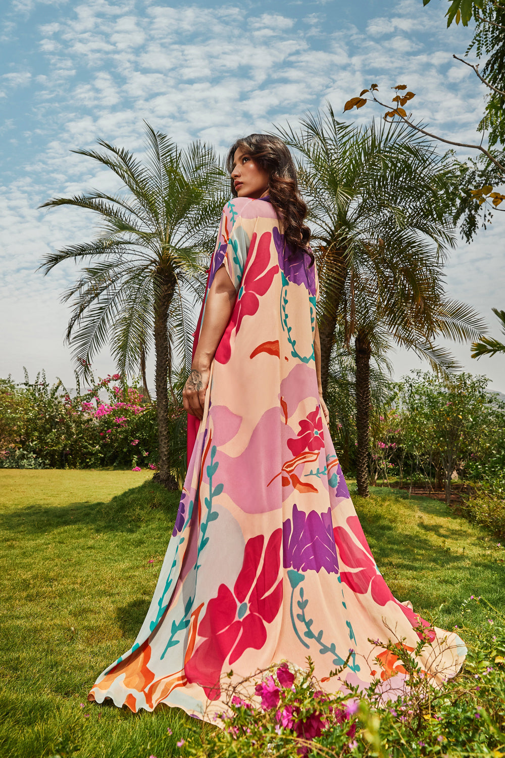 Foral Printed Cape Paired with Cerise Pink Bias Dress