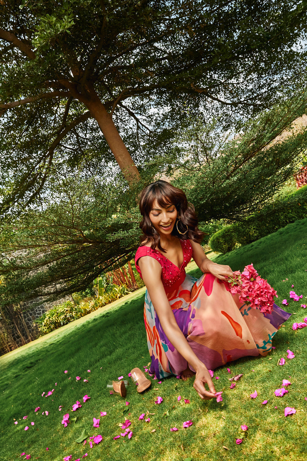 Printed Midi-Dress with Ruched Bodice