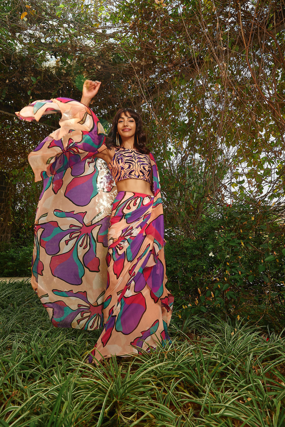 Floral Printed Drape Skirt Teamed with a Top and a Throw