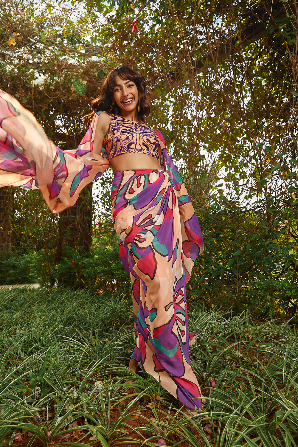 Floral Printed Drape Skirt Teamed with a Top and a Throw