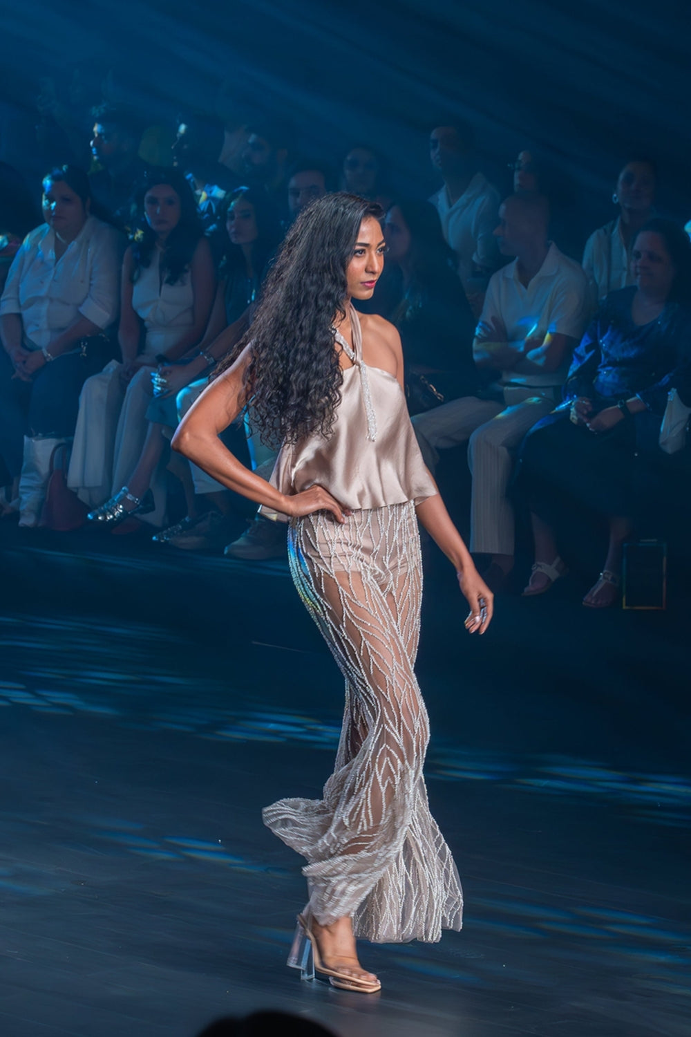 Taupe Halter Top with Intricately Embroidered Flared Pants