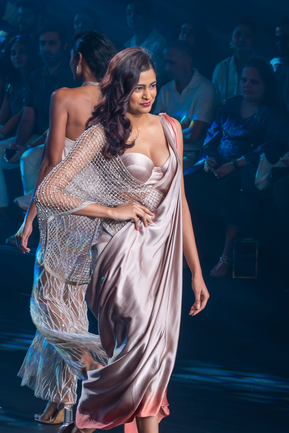 Ombre Draped Saree Dress with a Bralette and Pearl Detailing on Mesh Throw