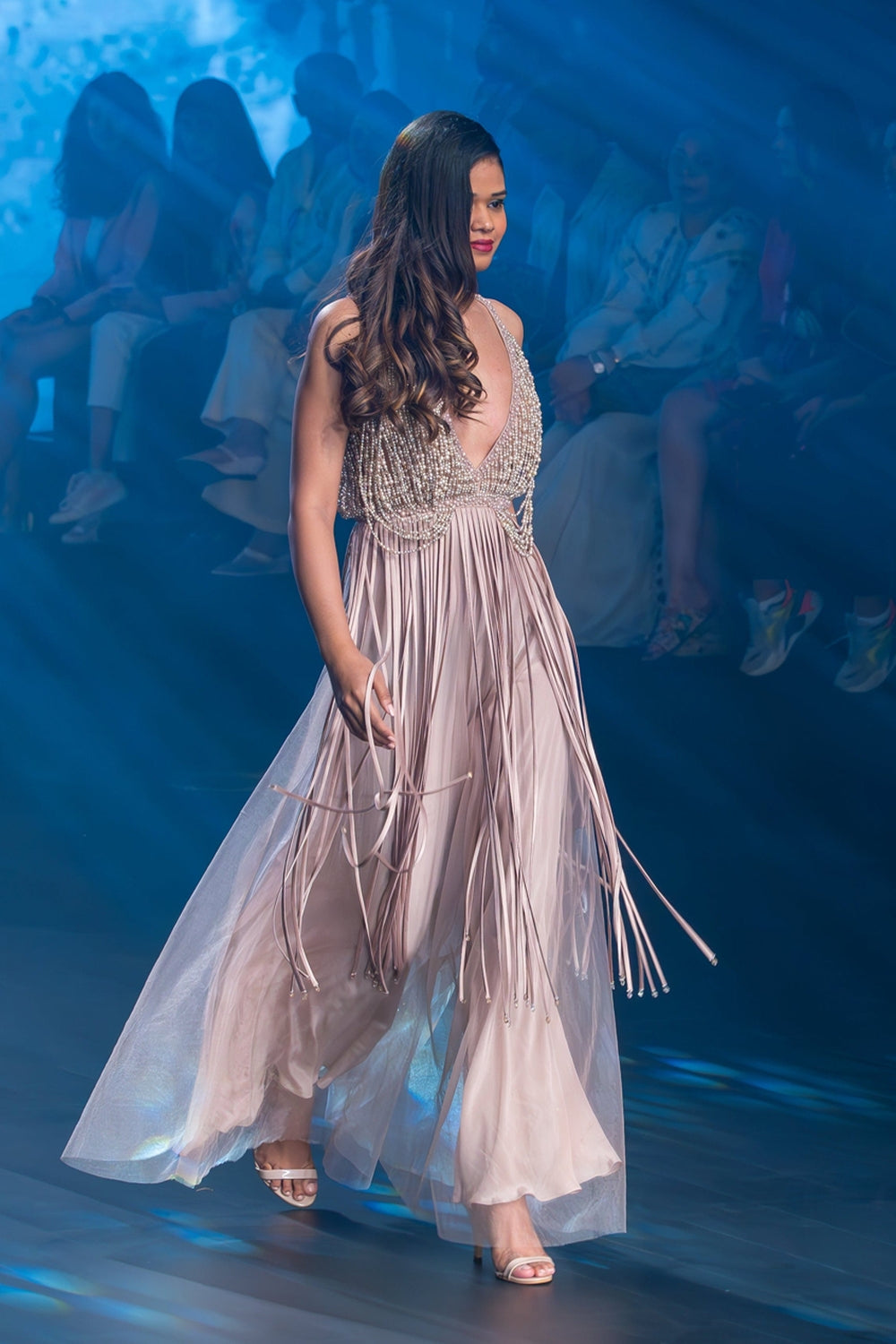 Taupe Jumpsuit Embellished with Pearl Strings and Tasseled Cords