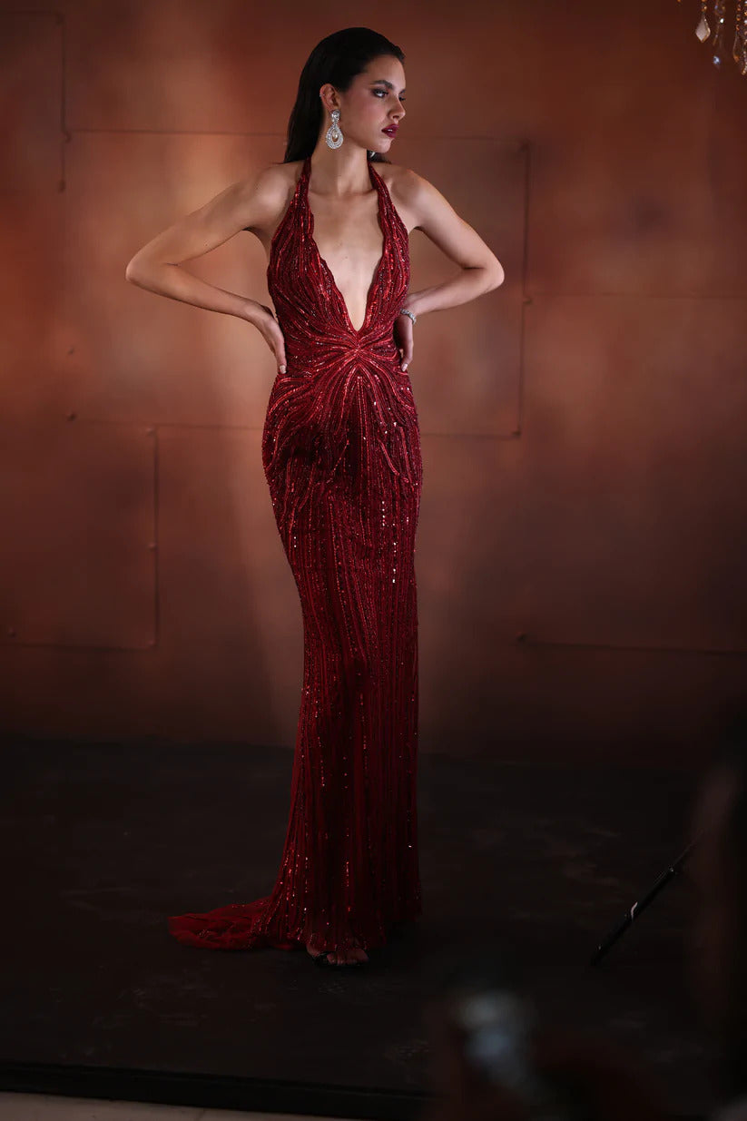 CY Bhawna Rao Hand Embroidered Adline Red Gown Front 