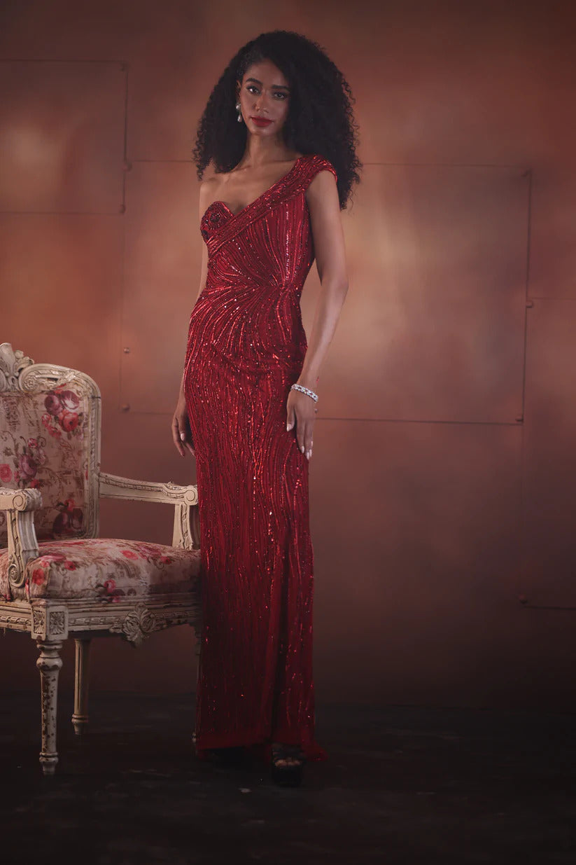 CY Bhawna Rao Hand Embroidered Scarlet Red Gown Front 