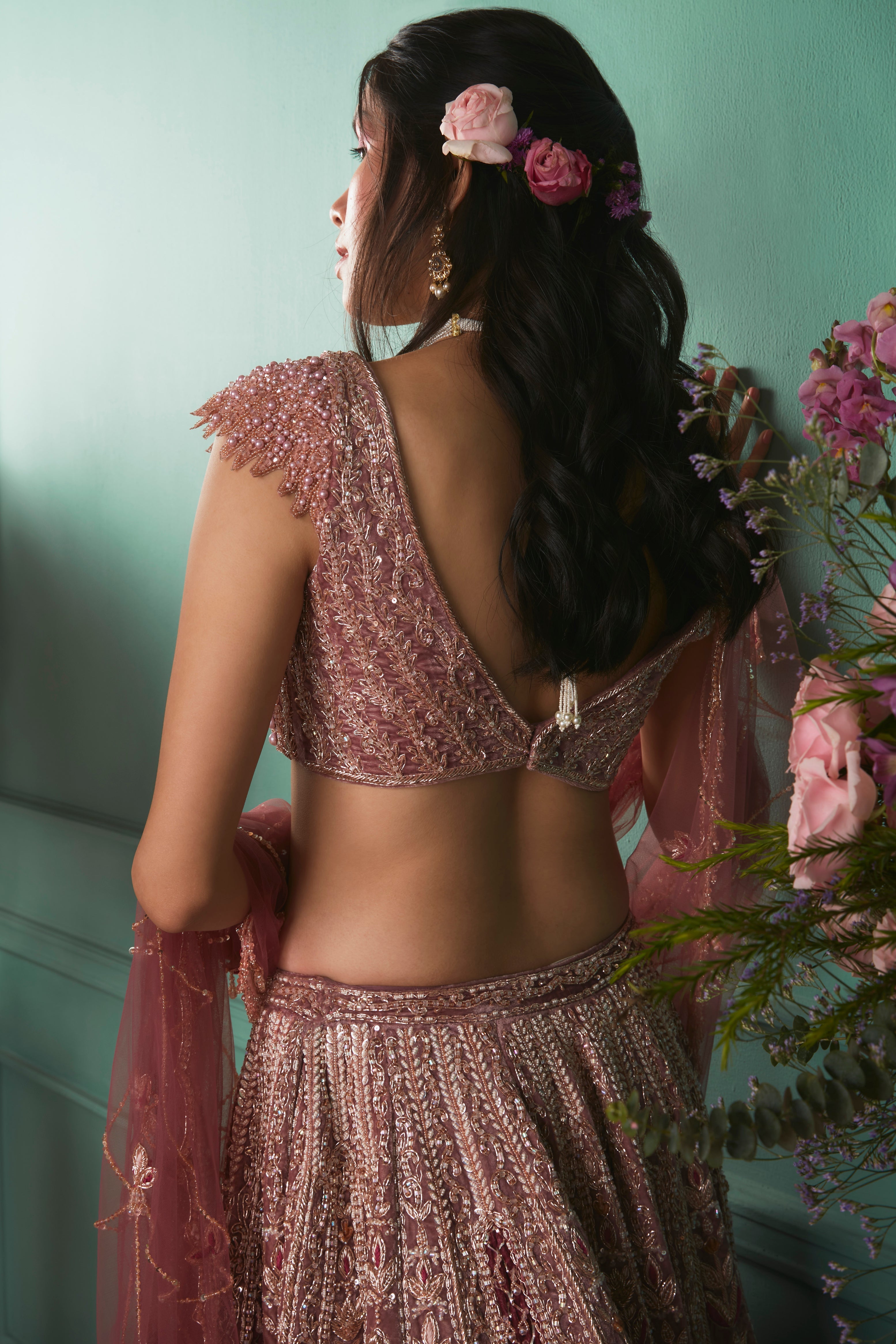 Rust/Rose Lehenga With French Chateau Elements