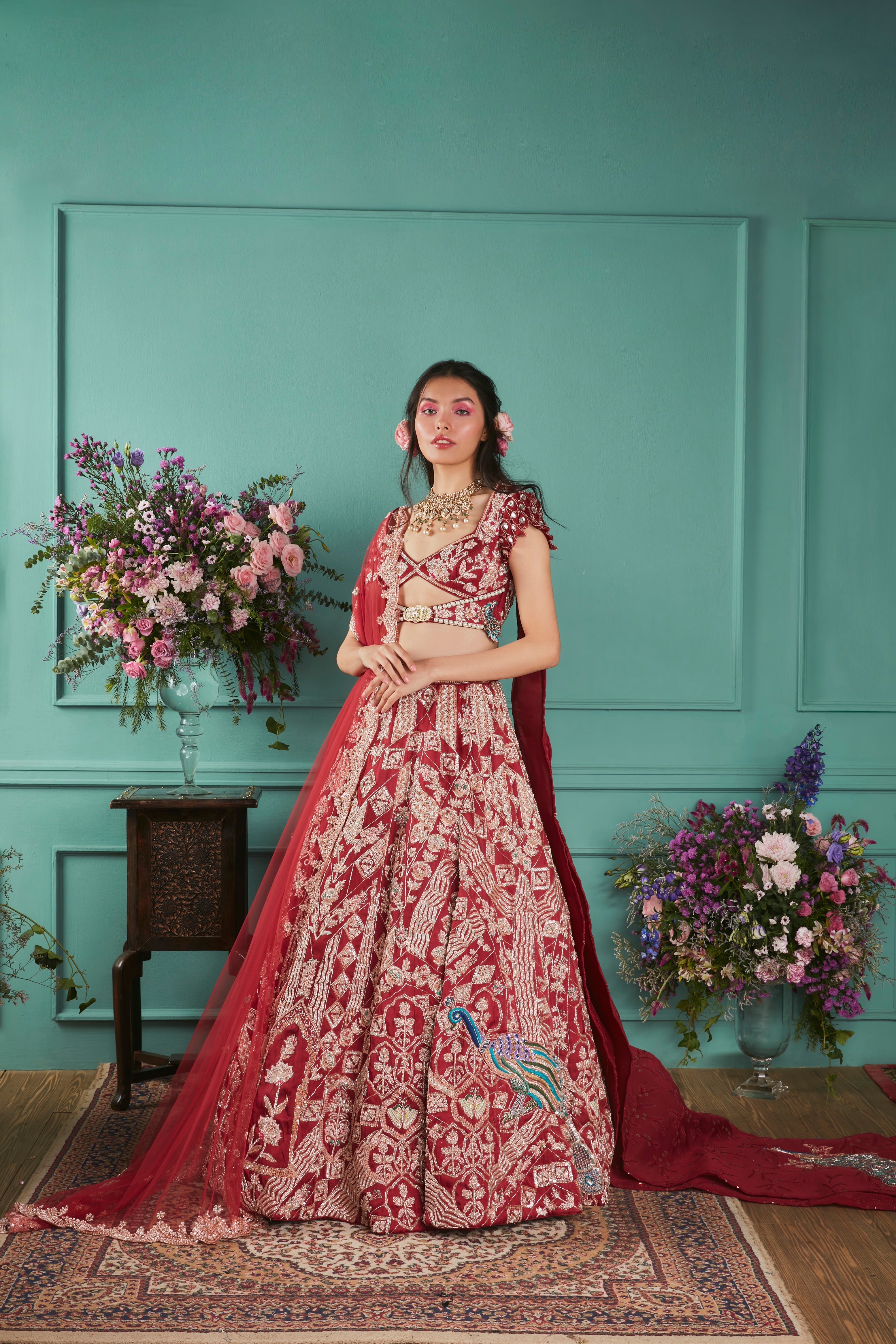 Red Lehenga With Peacock Elements