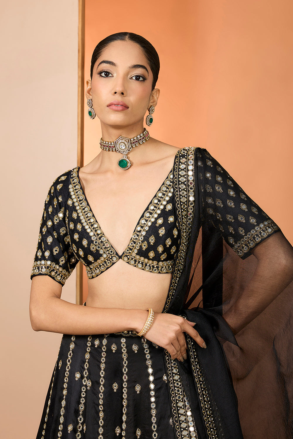 Black Silk Organza Hand Embroidered Lehenga Set With Pure Raw Silk Blouse And Silk Organza Dupatta