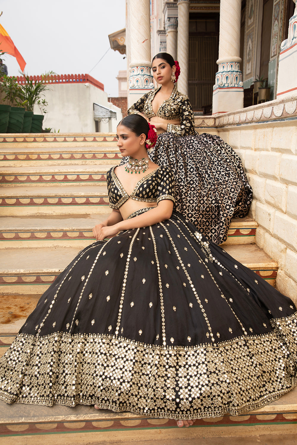 Black Silk Organza Hand Embroidered Lehenga Set With Pure Raw Silk Blouse And Silk Organza Dupatta