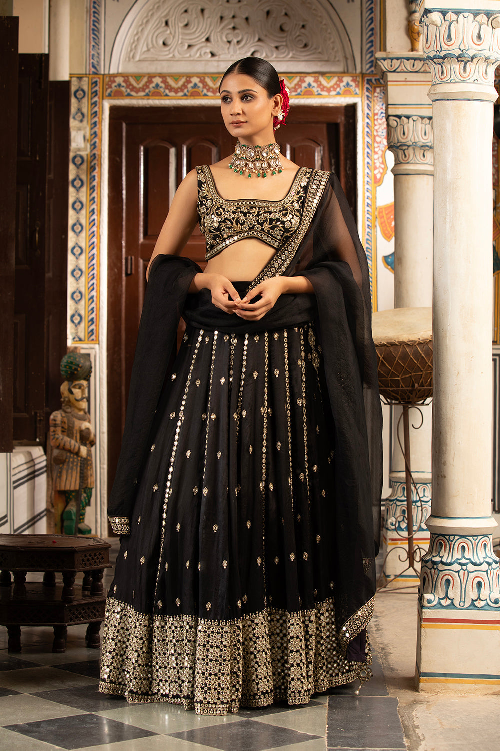 Black Silk Organza Hand Embroidered Lehenga Set With Pure Raw Silk Blouse And Silk Organza Dupatta
