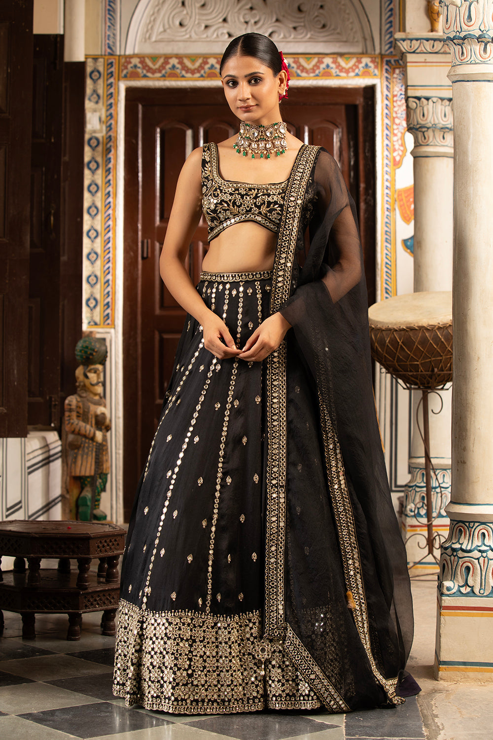 Black Silk Organza Hand Embroidered Lehenga Set With Pure Raw Silk Blouse And Silk Organza Dupatta