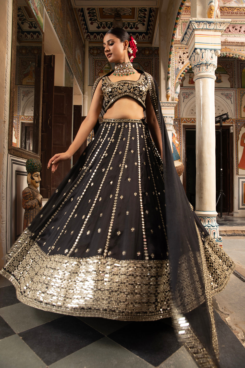 Black Silk Organza Hand Embroidered Lehenga Set With Pure Raw Silk Blouse And Silk Organza Dupatta