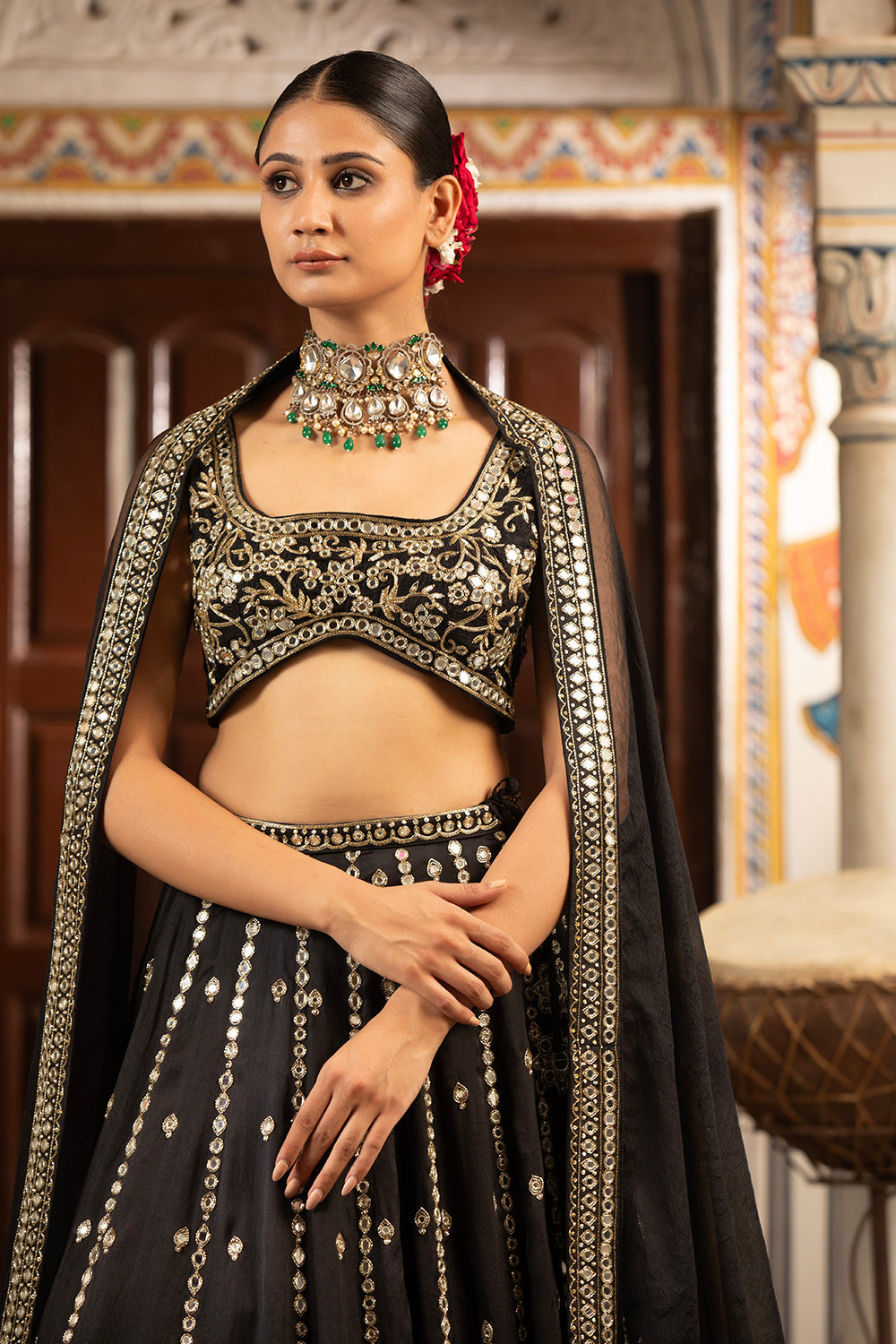 Black Silk Organza Hand Embroidered Lehenga Set With Pure Raw Silk Blouse And Silk Organza Dupatta