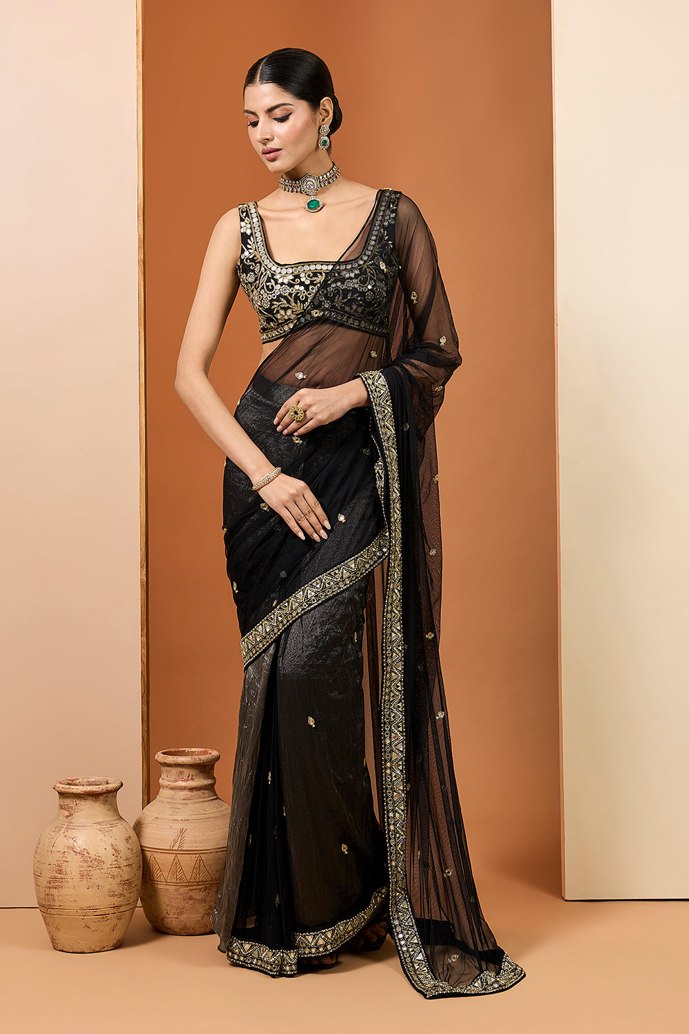 Black Silk Tissue Net Saree