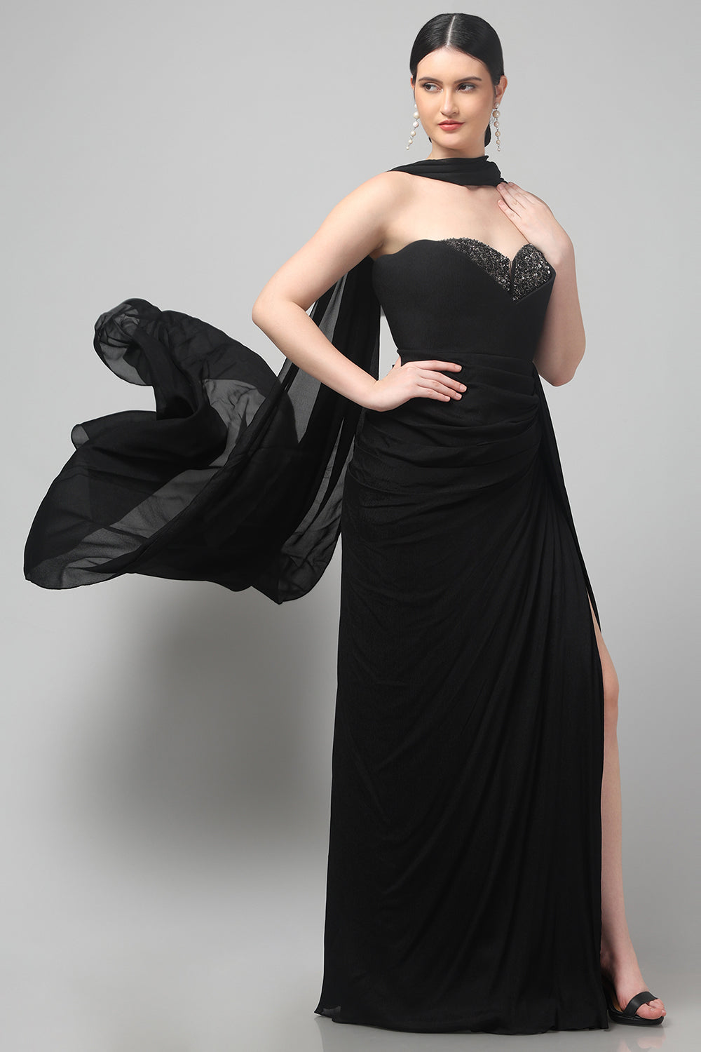 Black Embellished Strapless Saree Gown with Drape Detail