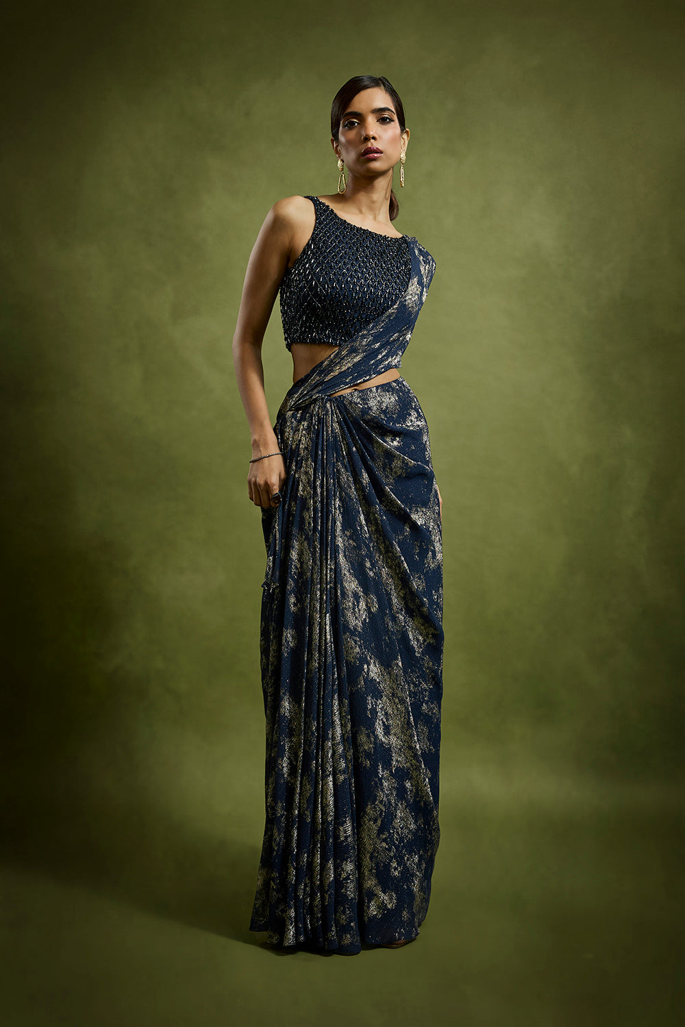 Midnight Blue Gold Foiled Saree