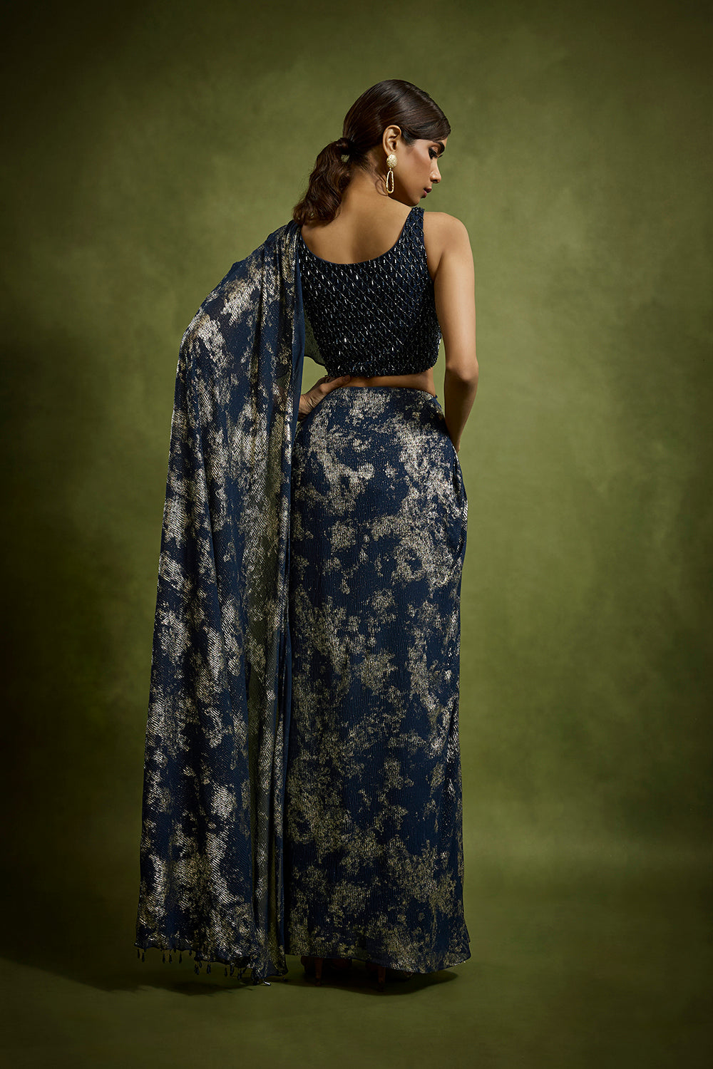 Midnight Blue Gold Foiled Saree
