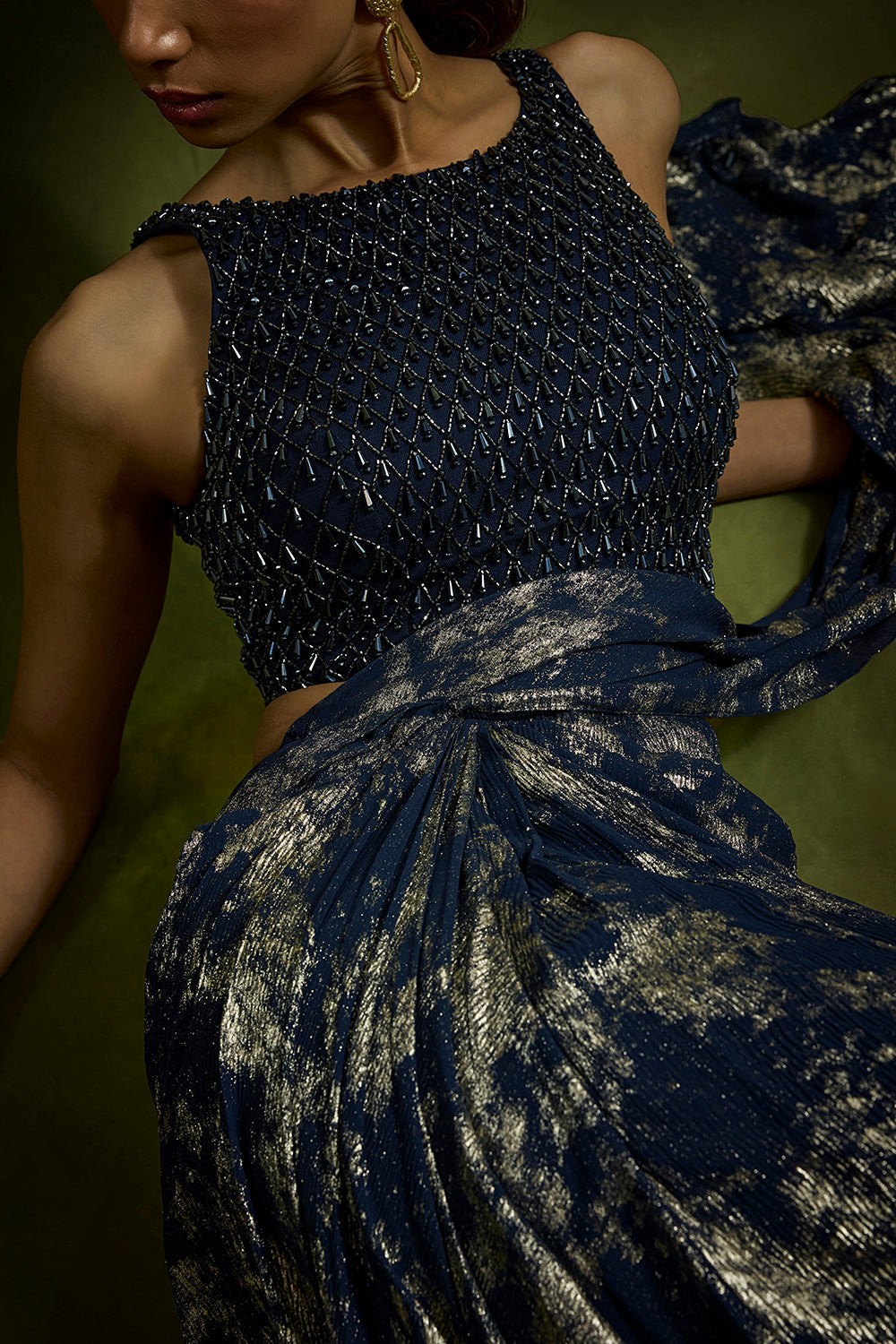 Midnight Blue Gold Foiled Saree